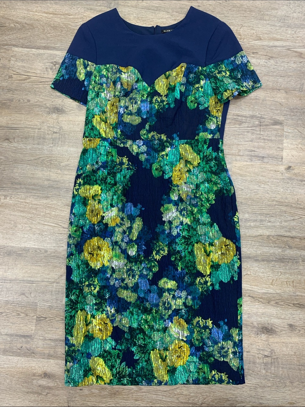 Black Halo Navy Midi Dress with Green and Yellow Floral Print